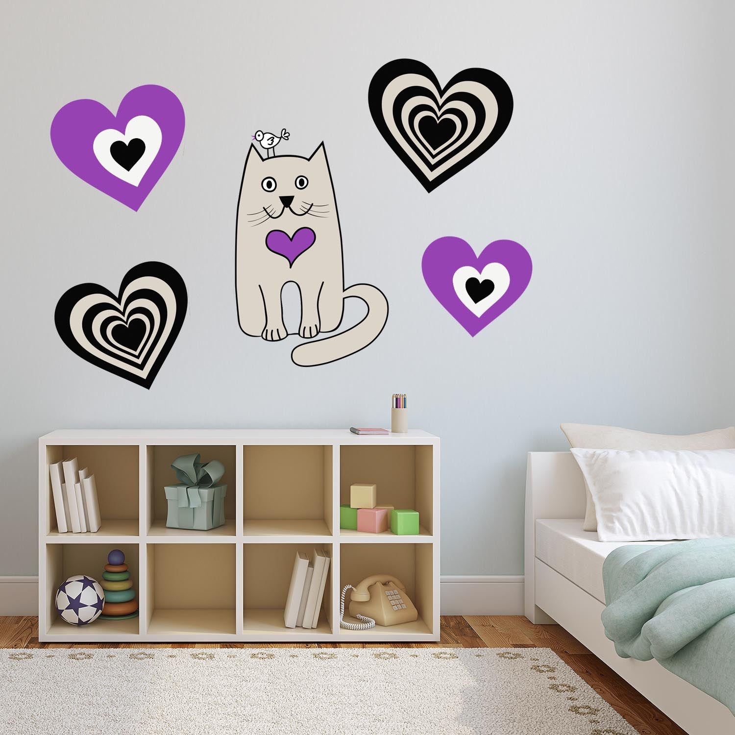 Adorable Purple Kitty with hearts Wall, Wall Decal Sticker, Removable, 5 Separate decals