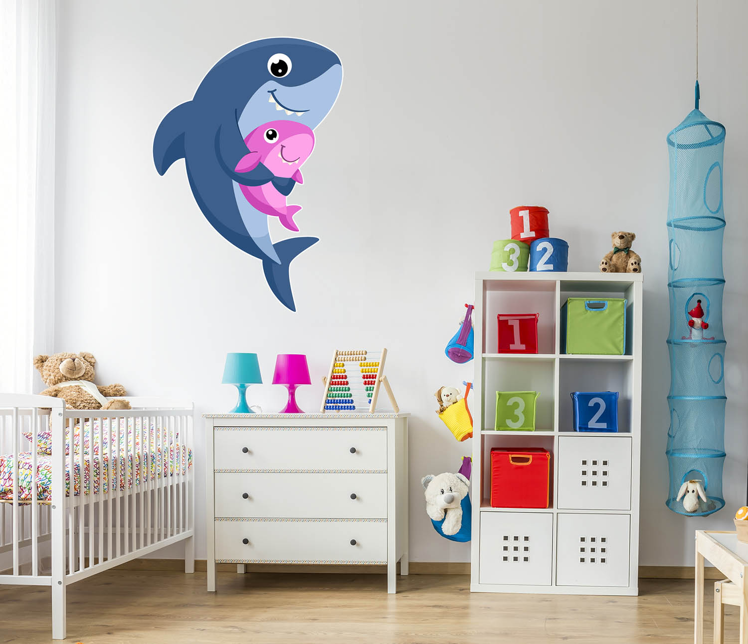 Cartoon Shark with Baby wall decal for Kid's room, Peel-N-Stick Removable and adorable
