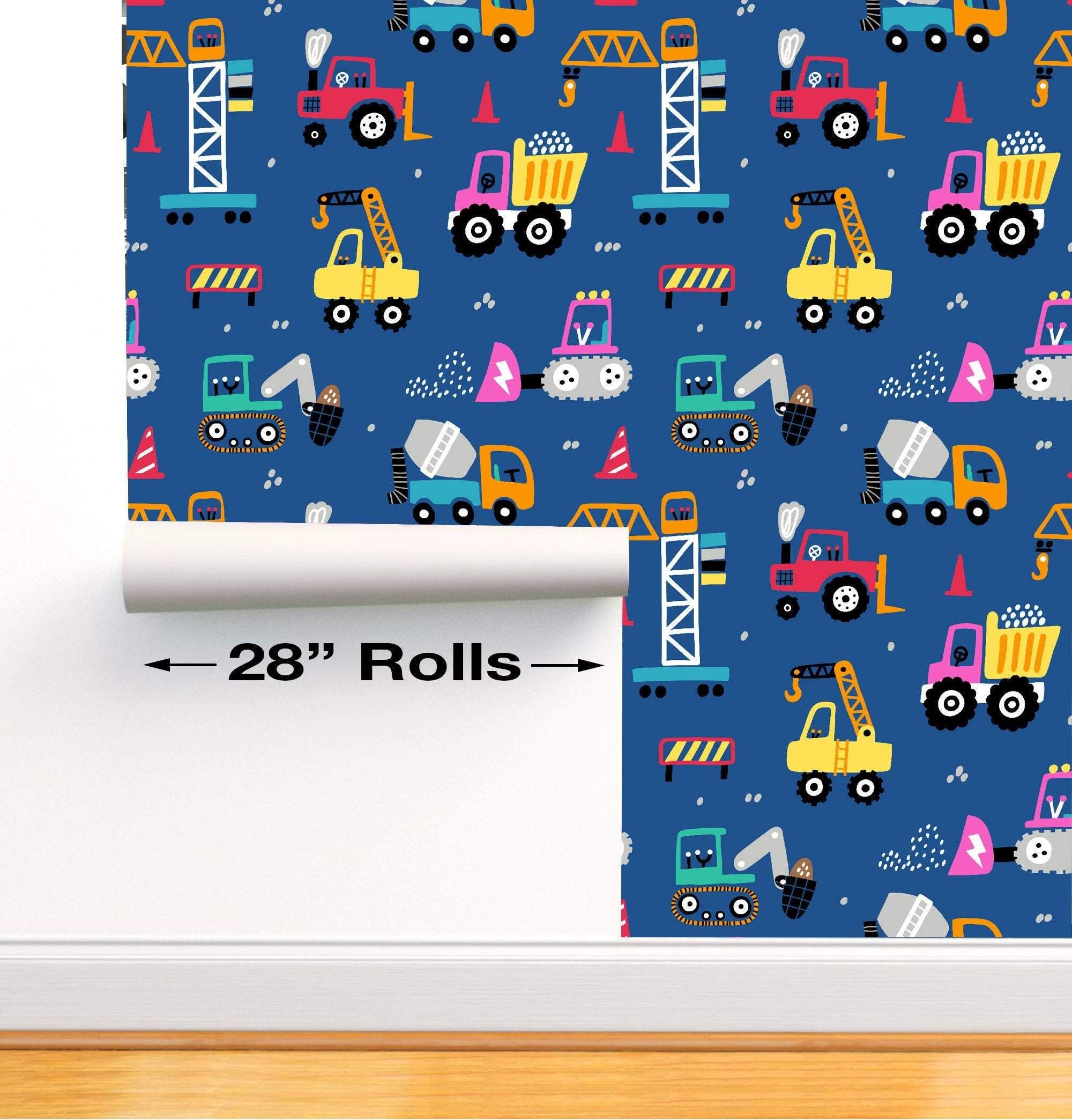 Blue Seamless pattern wallpaper with Construction Trucks: 28" Rolls