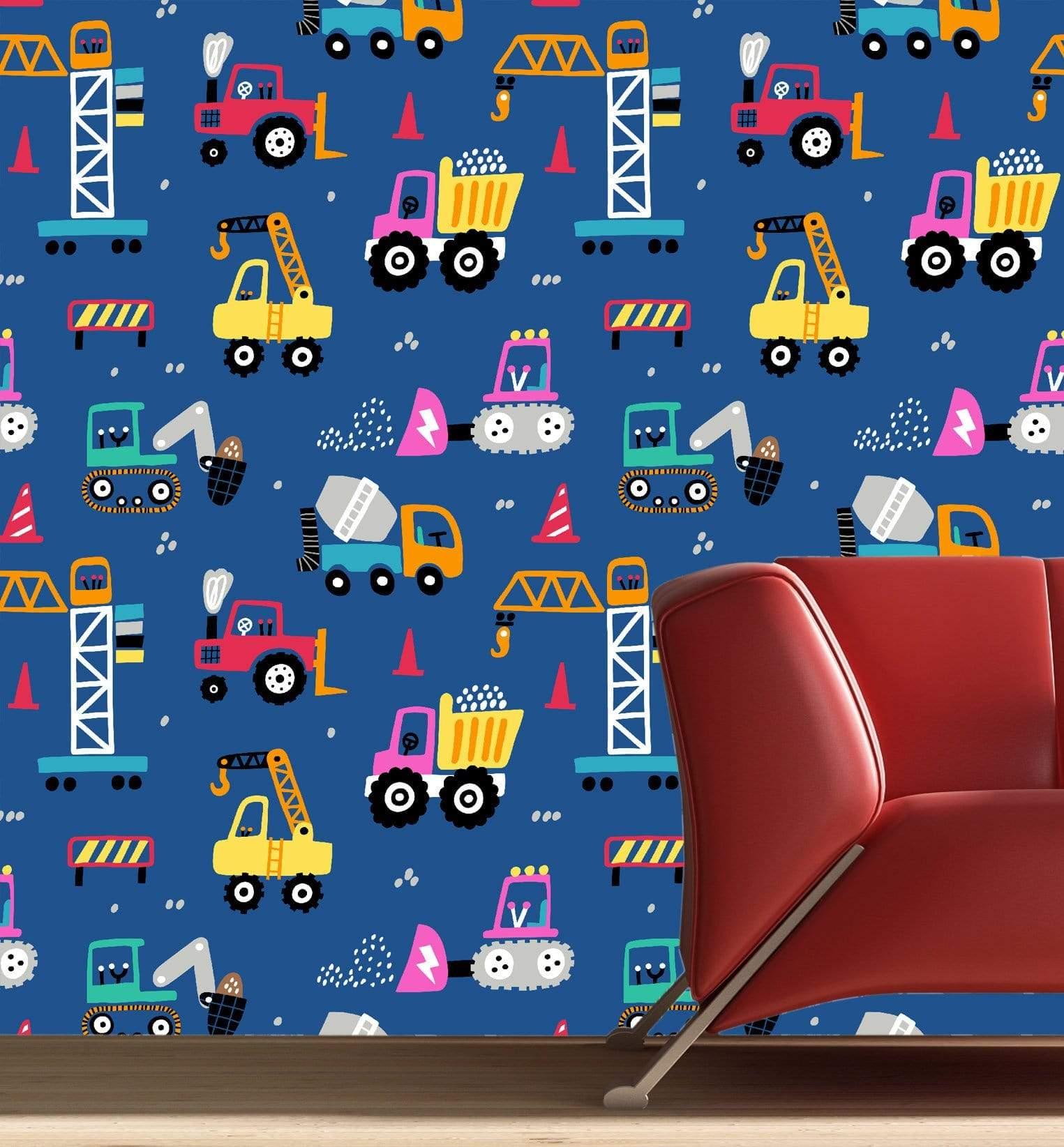 Blue Seamless pattern wallpaper with Construction Trucks: 28" Rolls