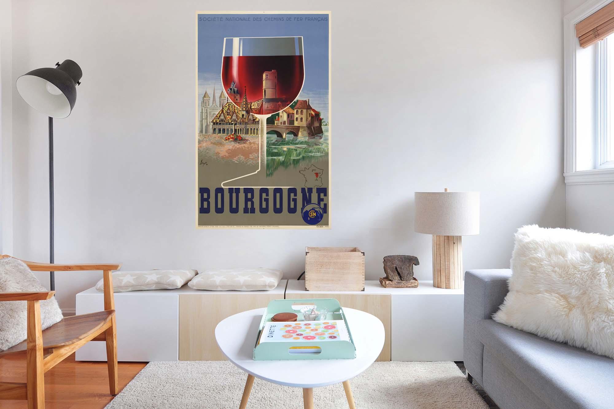 CoolWalls.ca diecut Bourgogne SNCF from 1939 Wine Poster, Wall Decal Sticker Wallpaper, PEEL-N-STICK, removable anytime. Great for a classroom