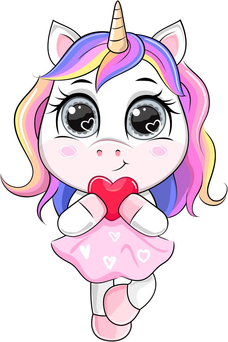 Cartoon Unicorn in a Dress holding a heart Decal, wall sticker, Peel-N-Stick