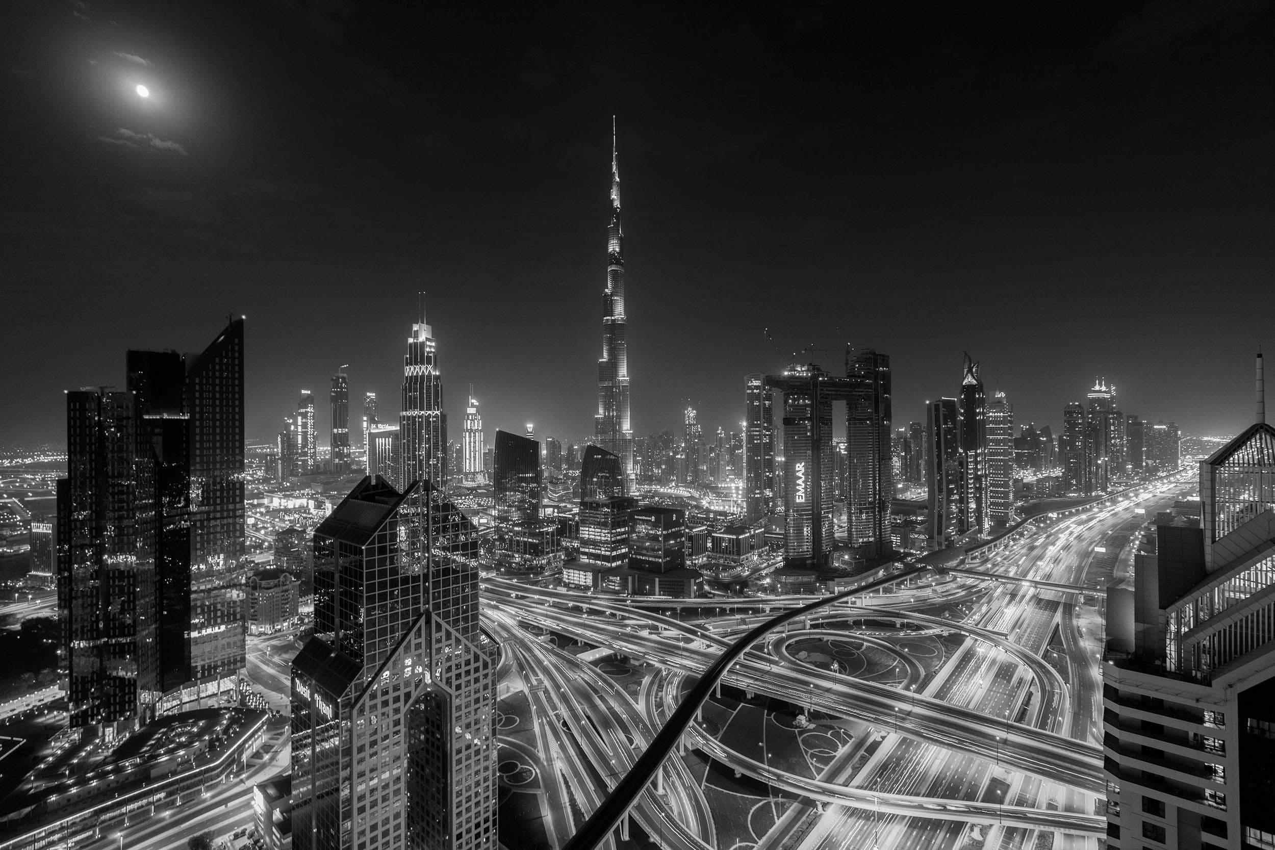Dubai Landscape Night w moon B&W