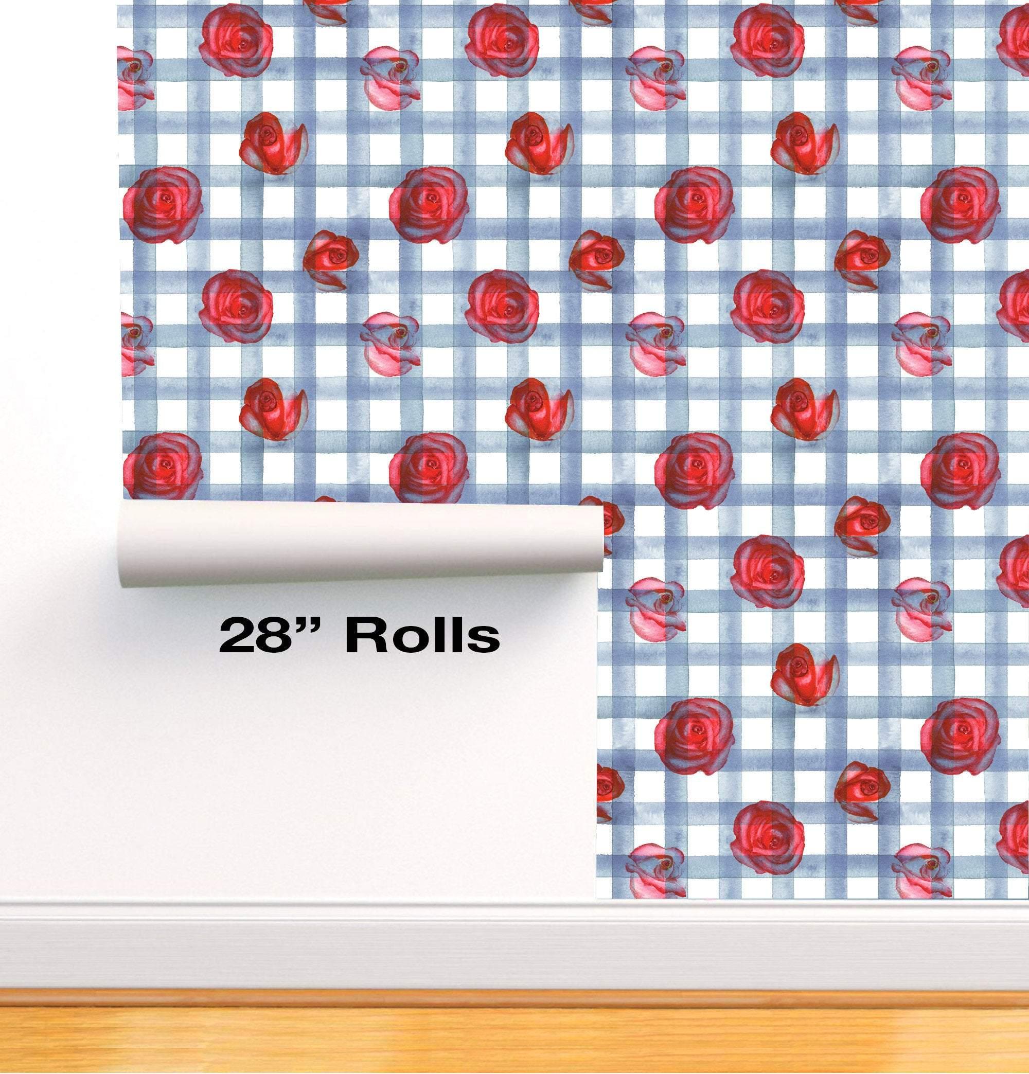 Roses on Blue Strips Removable Wallpaper in 28" Rolls