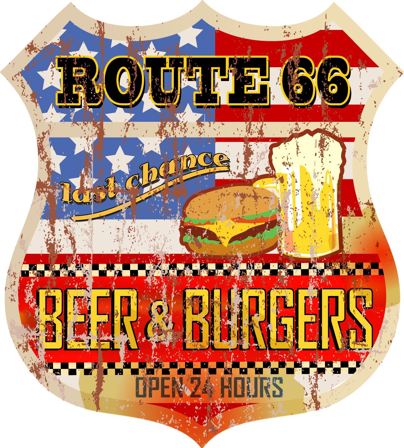 Route 66 Beer and Burgers: Wall Sticker, Man Cave