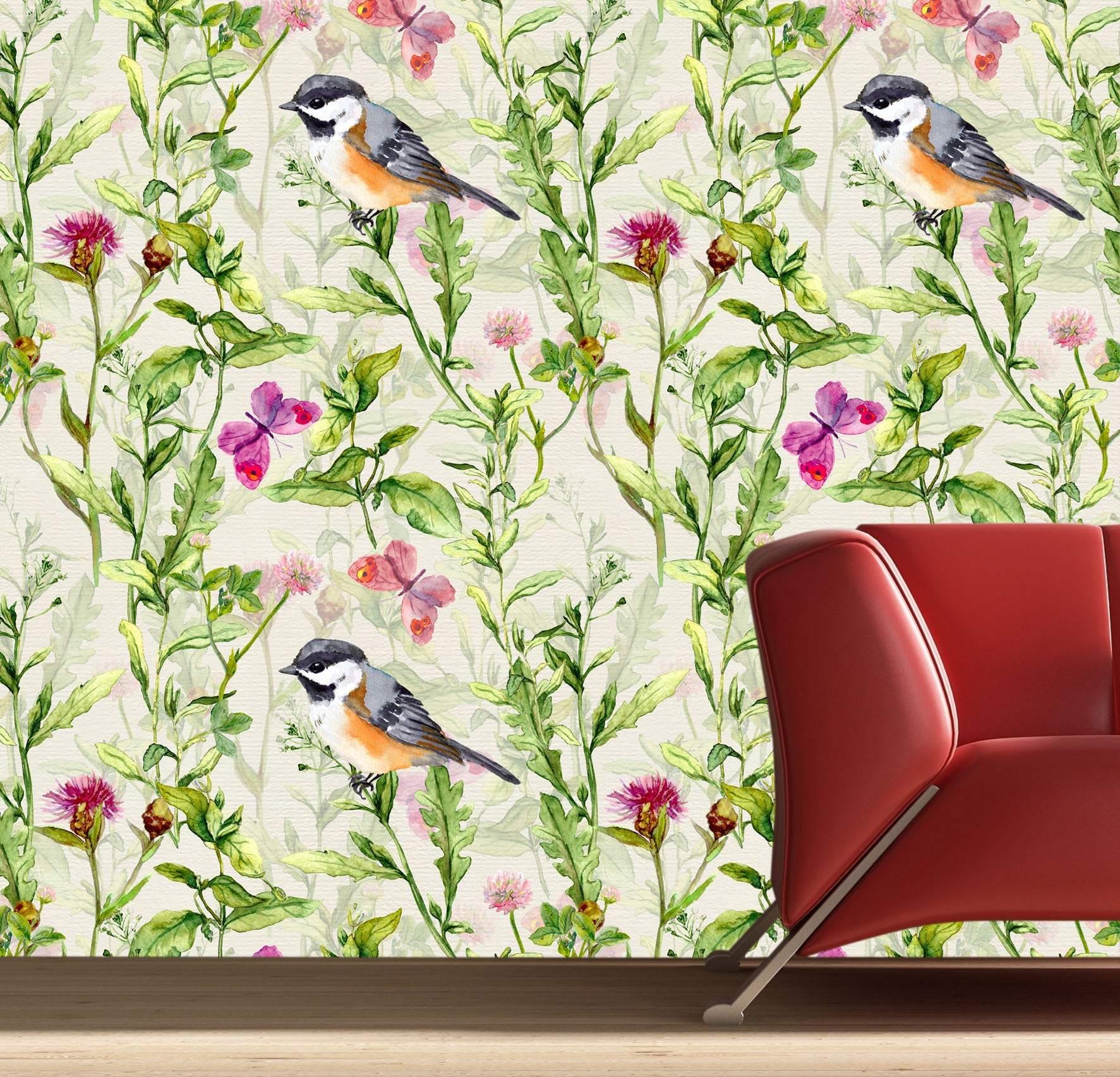 Small bird in a spring meadow Removable Wallpaper in 28" Rolls