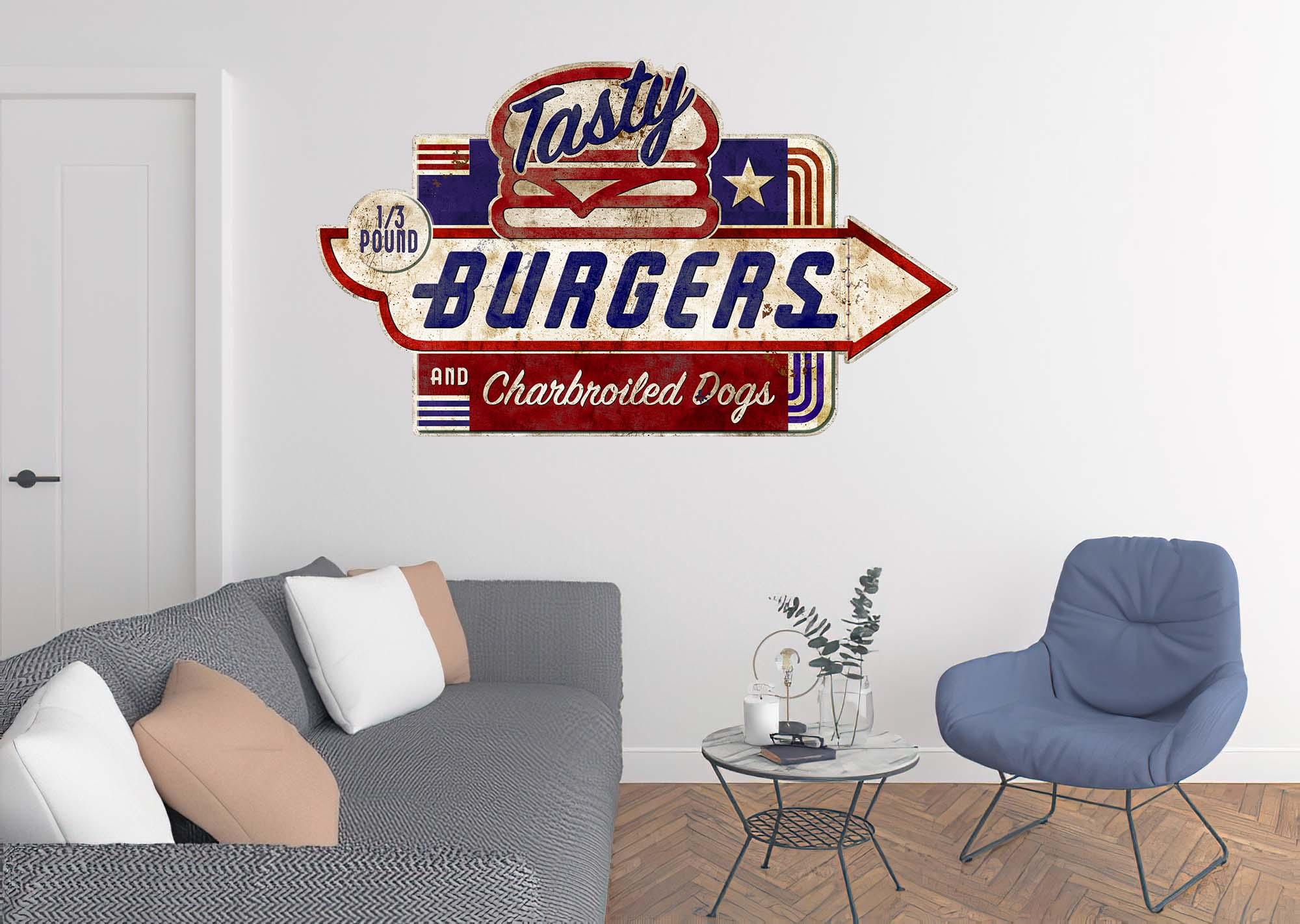 CoolWalls.ca DieCut Tasty Burgers Vintage Sign Decal, Wall Decal, Peel-N-Stick and Removes Easily Anytime