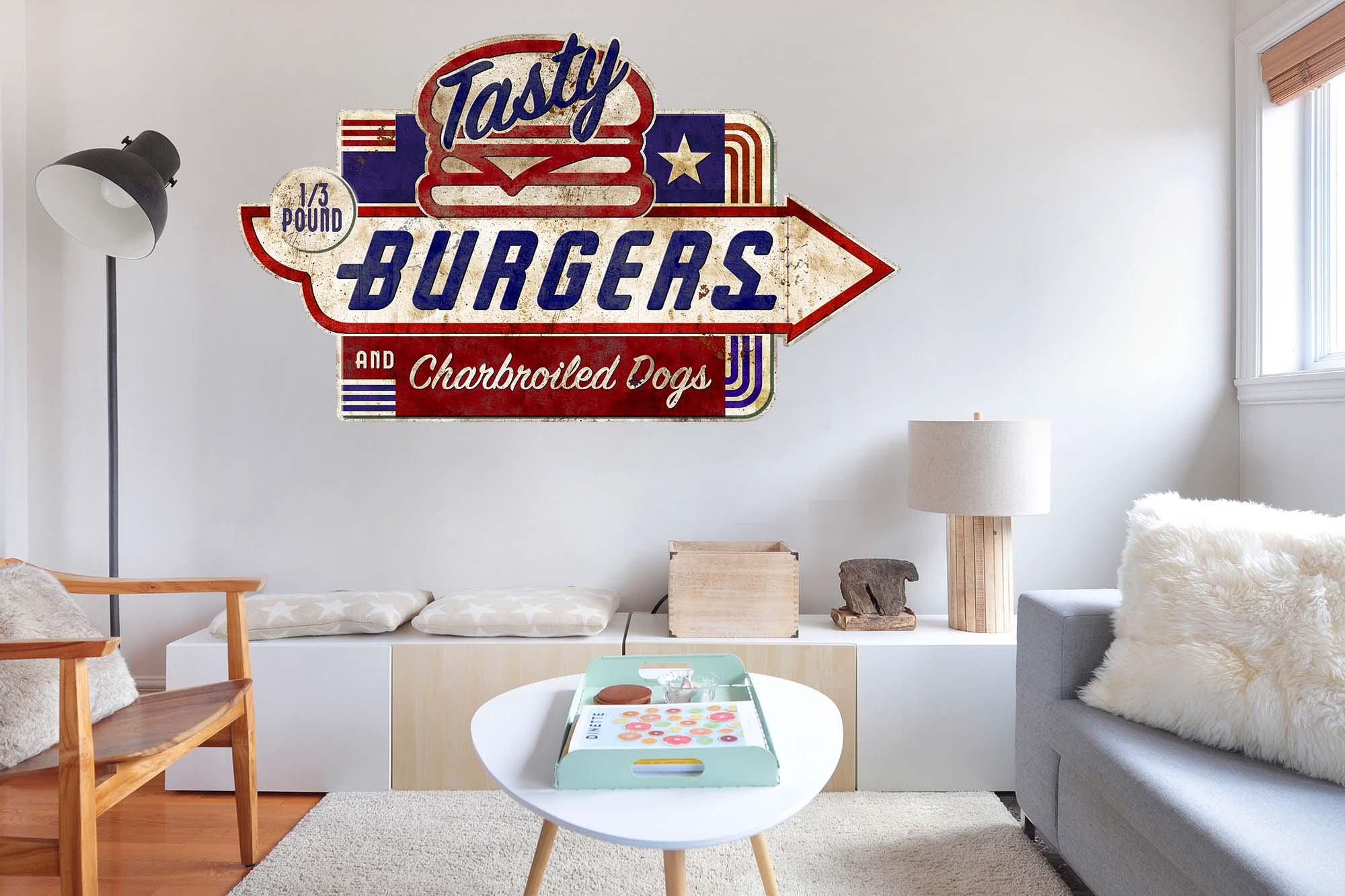 CoolWalls.ca DieCut Tasty Burgers Vintage Sign Decal, Wall Decal, Peel-N-Stick and Removes Easily Anytime