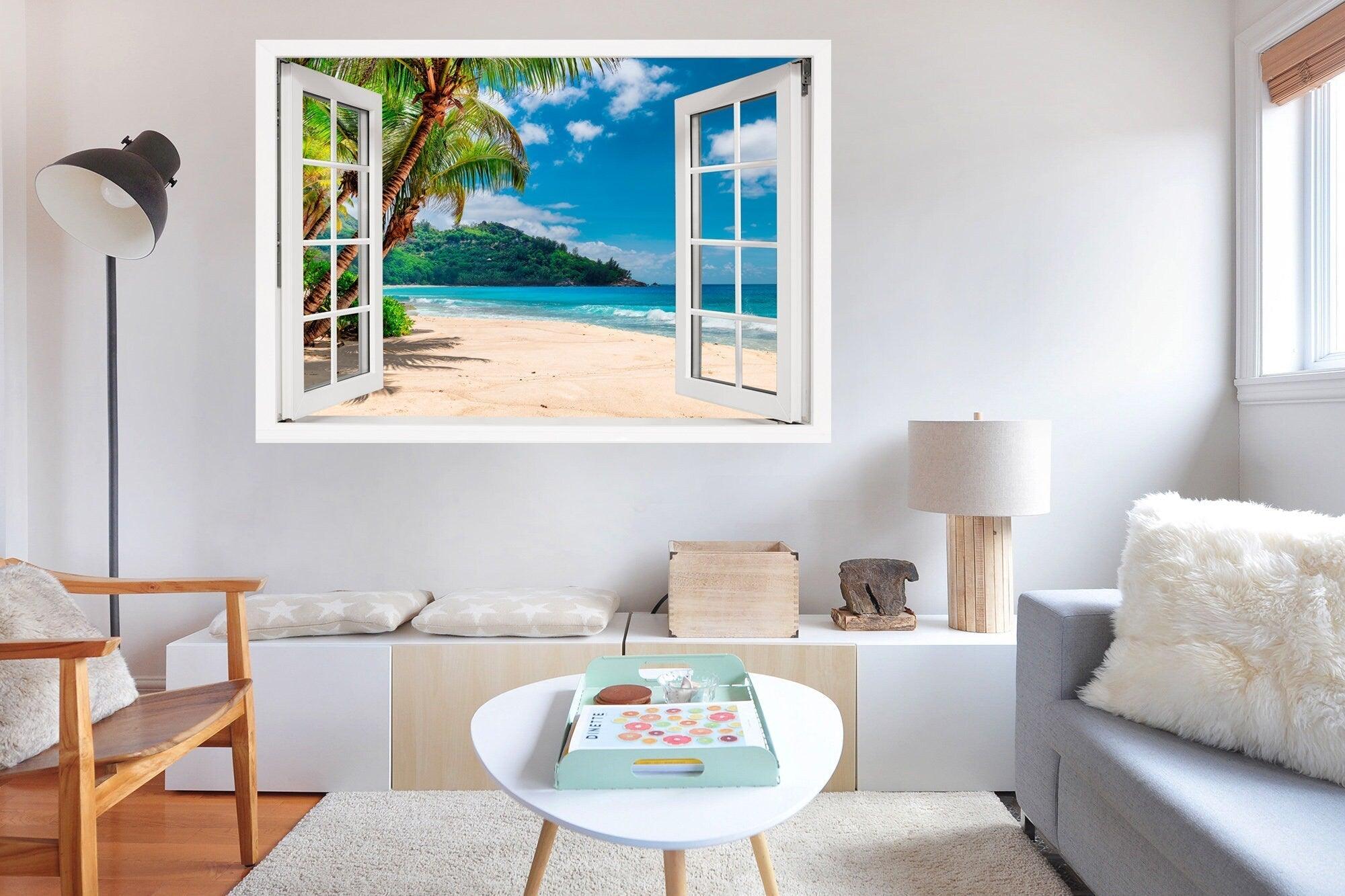 Window Scape Beach Bluewater and sand #16 Window Decal Sticker Sunset Lake Removable Fabric Window Frame Office Bedroom 3D