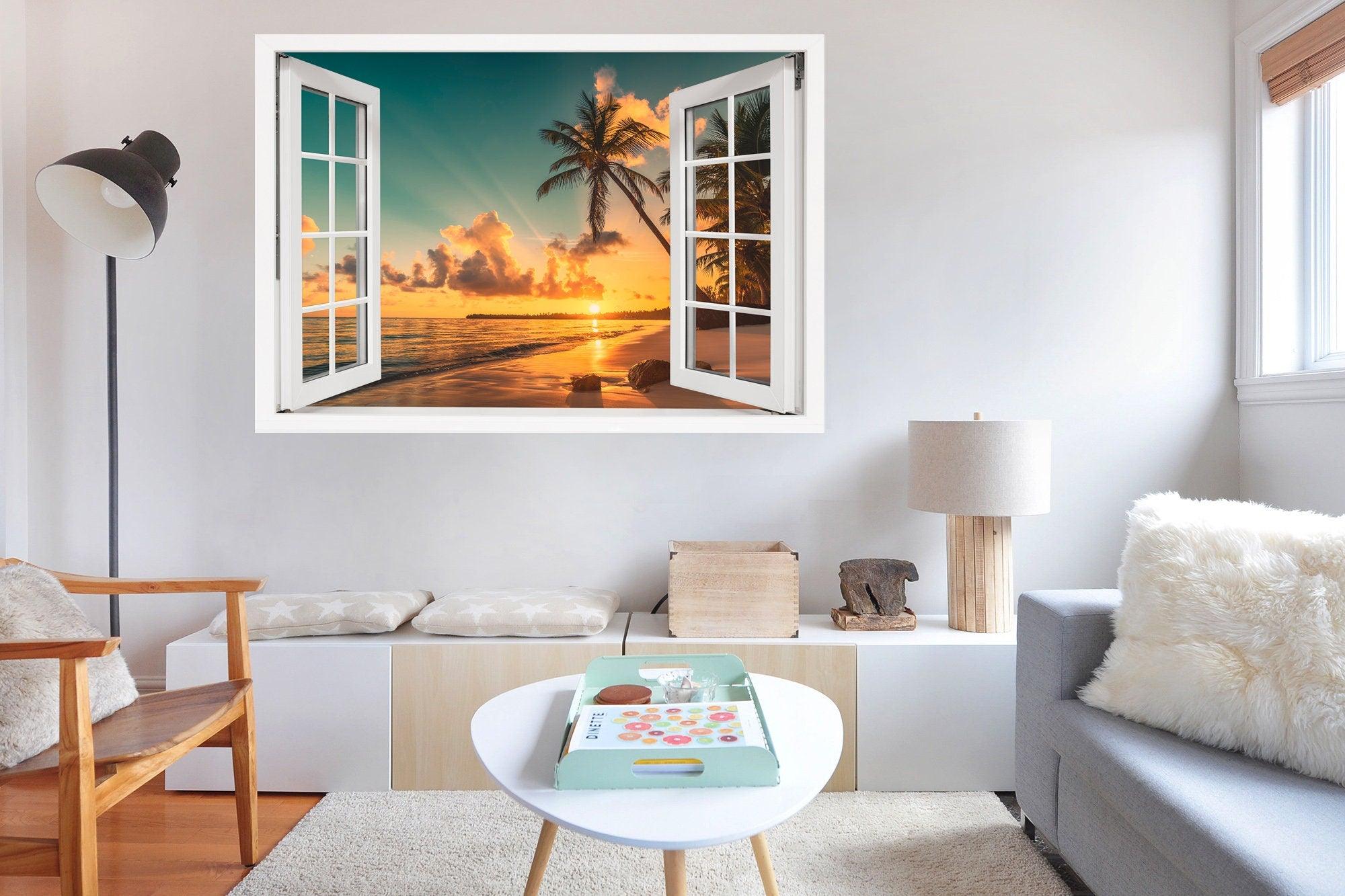 Window Scape Beach Golden Sunset over beach and sand #17, Window Decal, Sticker Sunset, Removable, Fabric, Window Frame, Office,Bedroom, 3D