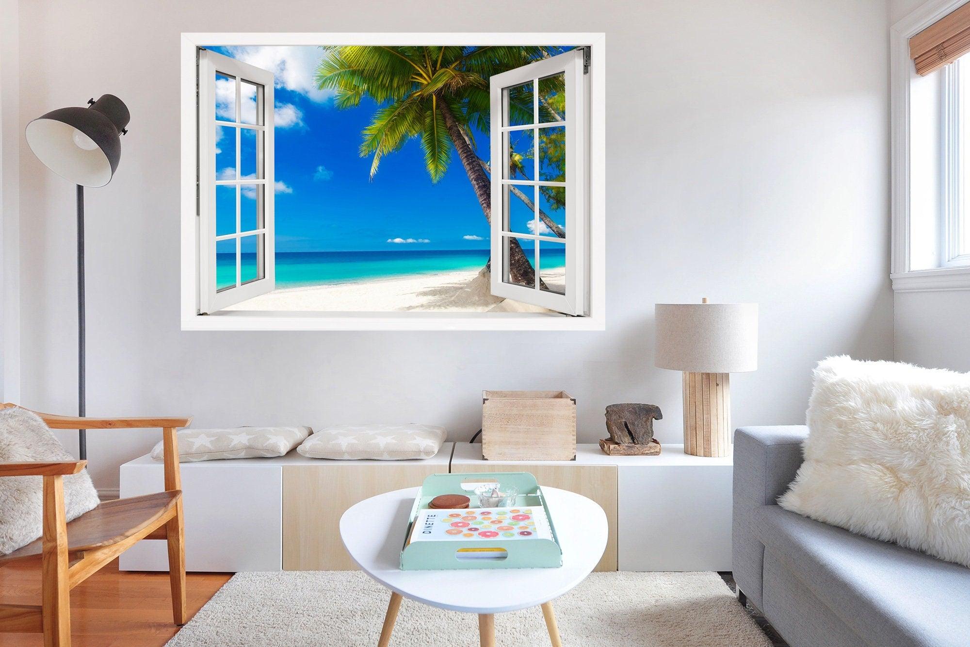 Window Scape Beach Palm Tree over white Sand #25, Window Decal, Sticker Sunset, Removable, Fabric, Window Frame, Office, Bedroom, 3D