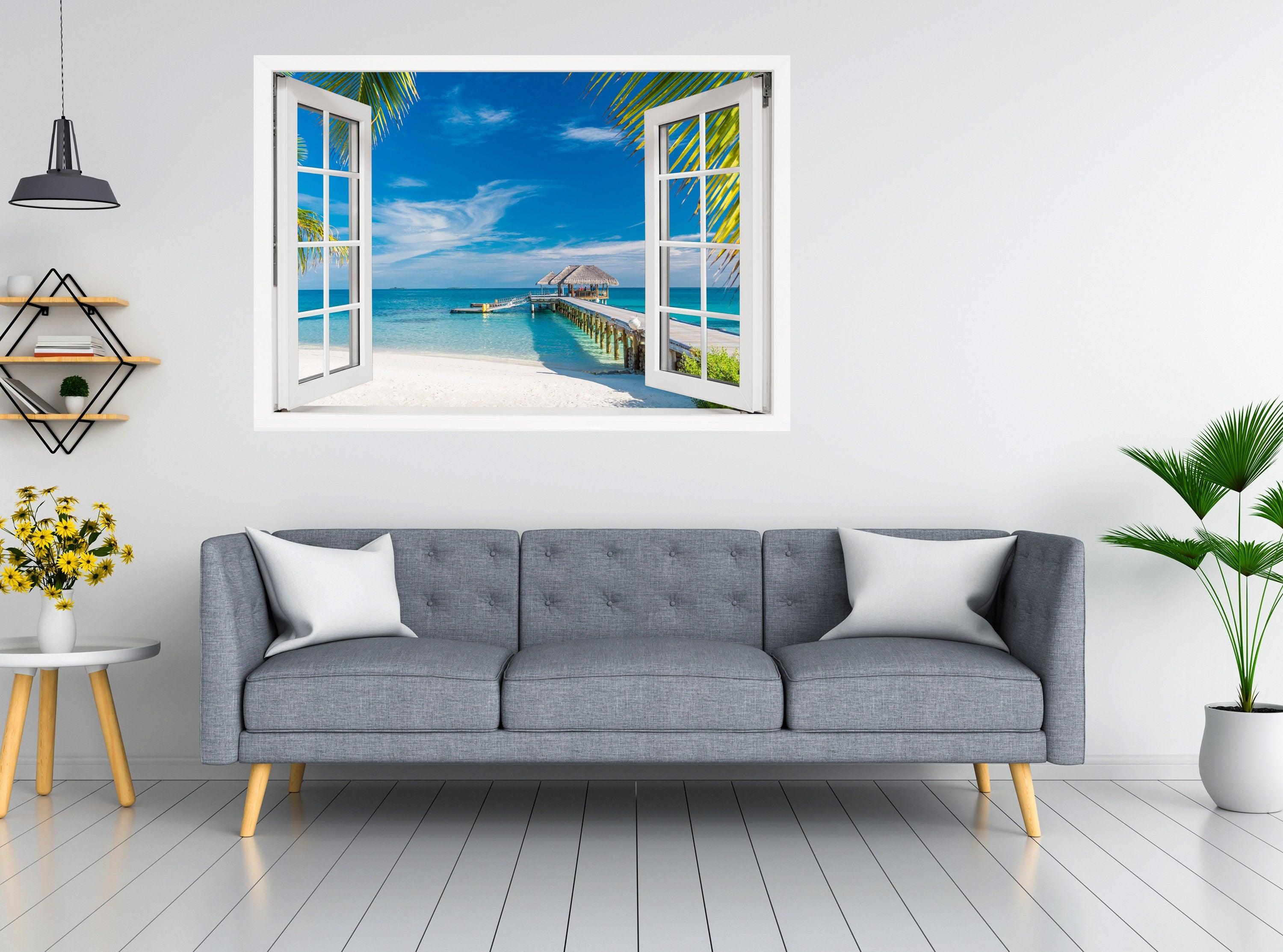Window Scape Beach Pier White Sand over white Sand #30, Window Decal, Sticker Sunset, Removable, Fabric, Window Frame, Office,