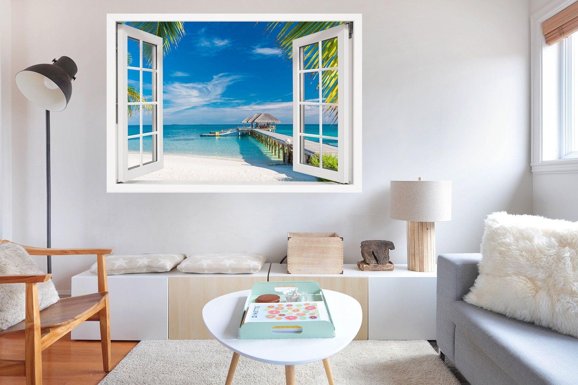 Window Scape Beach Pier White Sand over white Sand #30, Window Decal, Sticker Sunset, Removable, Fabric, Window Frame, Office,