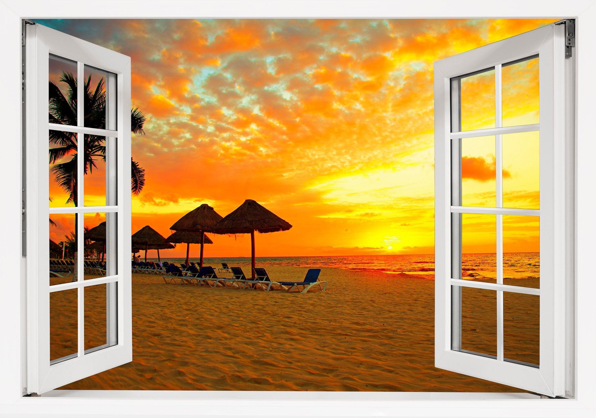 Window Scape Beach Sunset #11 Window Decal Sticker Sunset Lake Removable Fabric Window Frame Office Bedroom 3D