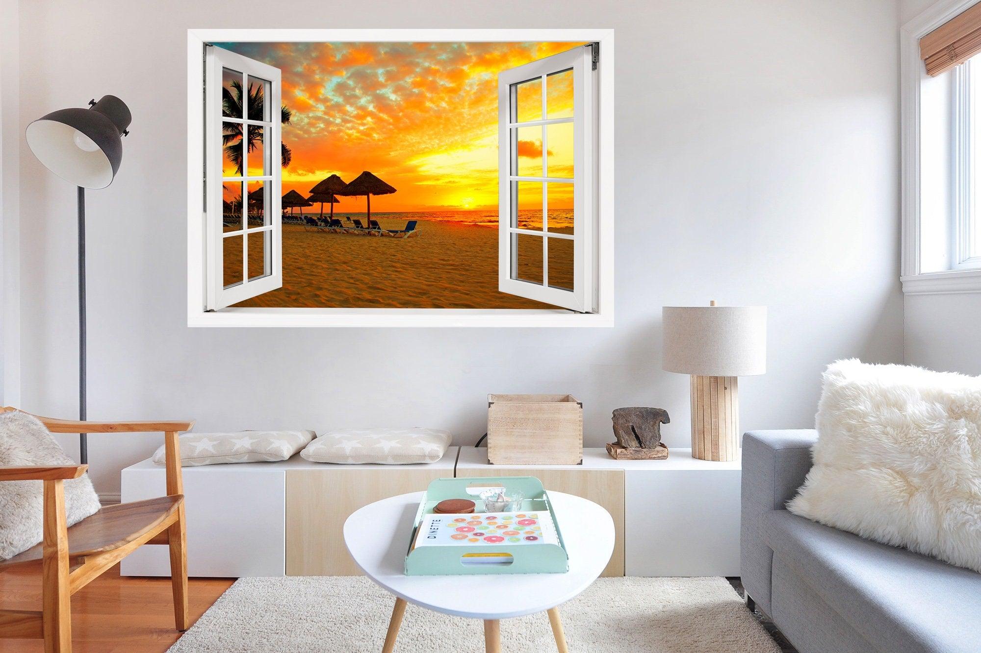 Window Scape Beach Sunset #11 Window Decal Sticker Sunset Lake Removable Fabric Window Frame Office Bedroom 3D
