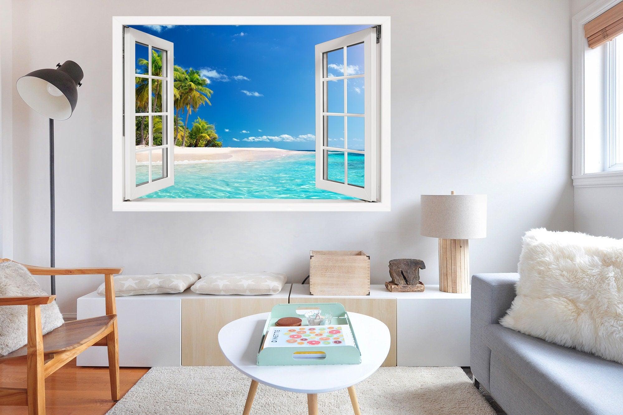 Window Scape Beach White Sand emerald water #31, Window Decal, Sticker Sunset, Removable, Fabric, Window Frame, Office,