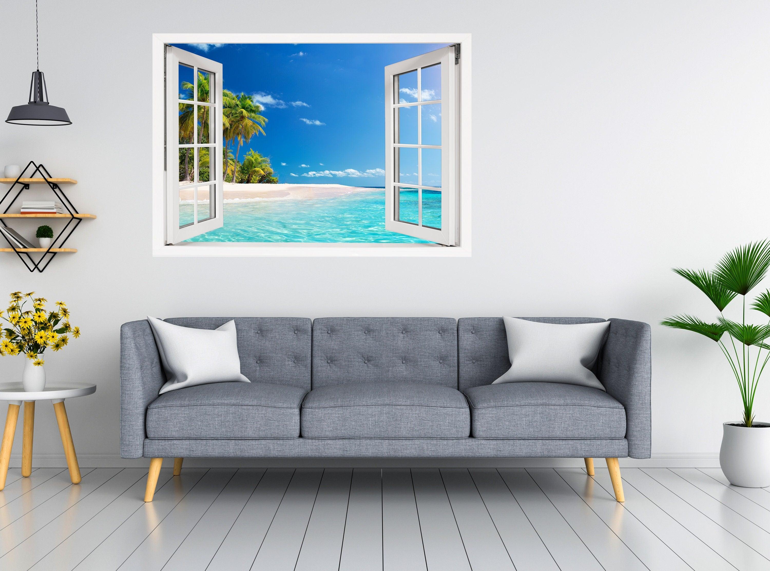 Window Scape Beach White Sand emerald water #31, Window Decal, Sticker Sunset, Removable, Fabric, Window Frame, Office,