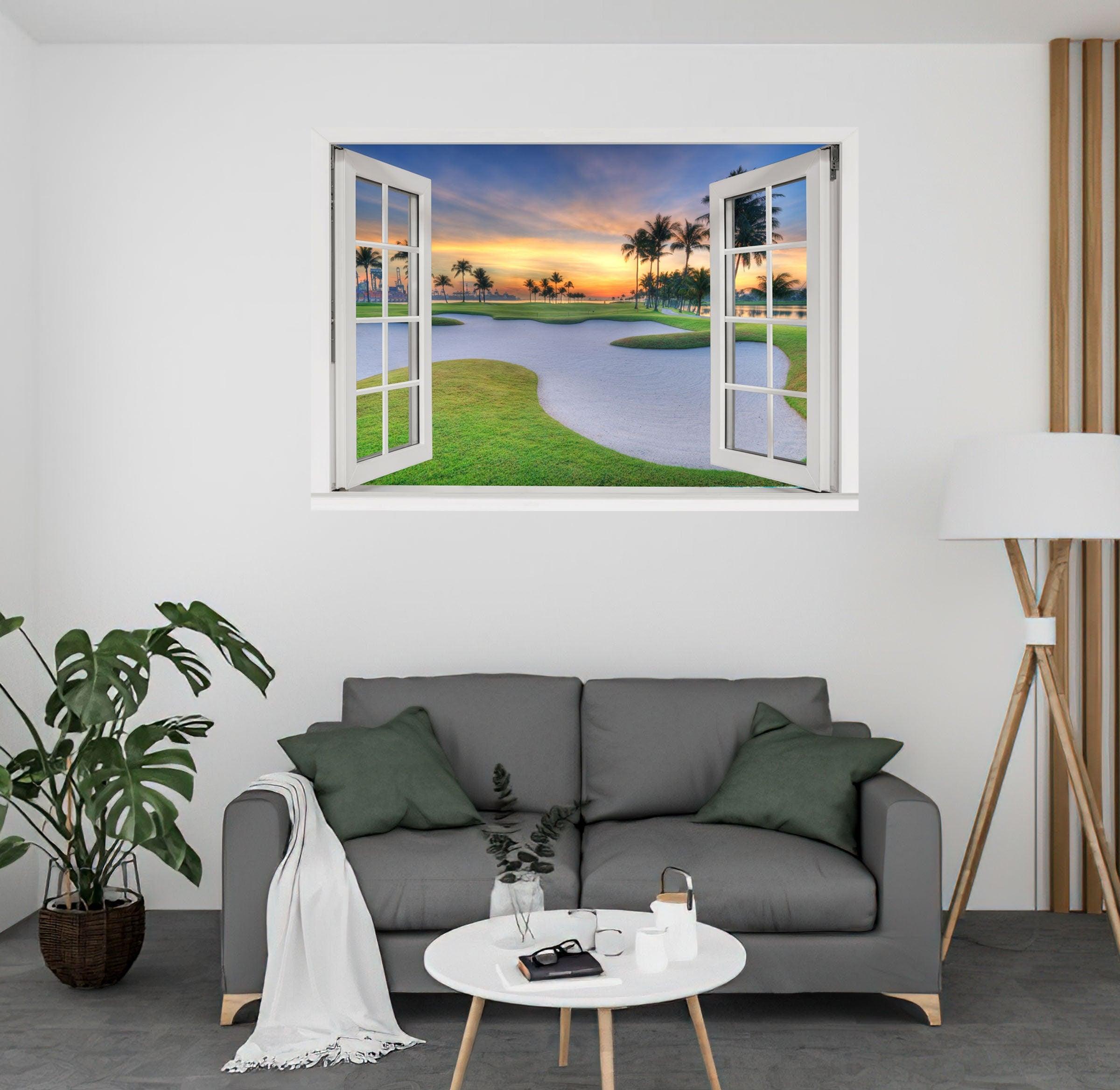 Window Scape Golf #8 Window Decal Sticker Mural Sand Trap Removable Fabric Window Frame Office Bedroom 3D