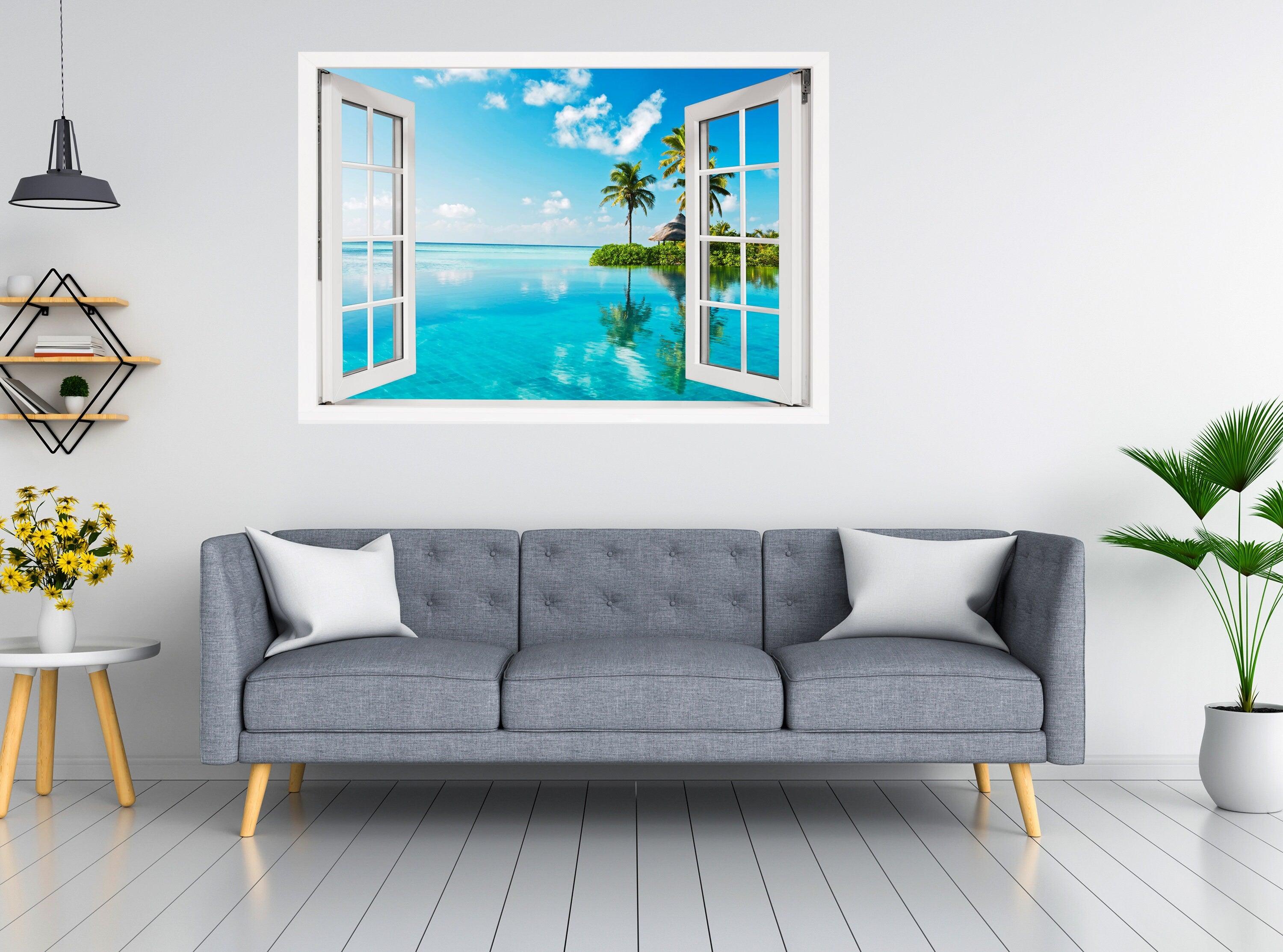 Window Scape Palm Tree Island Emerald water #21, Window Decal, Sticker Sunset, Removable, Fabric, Window Frame, Office,Bedroom, 3D