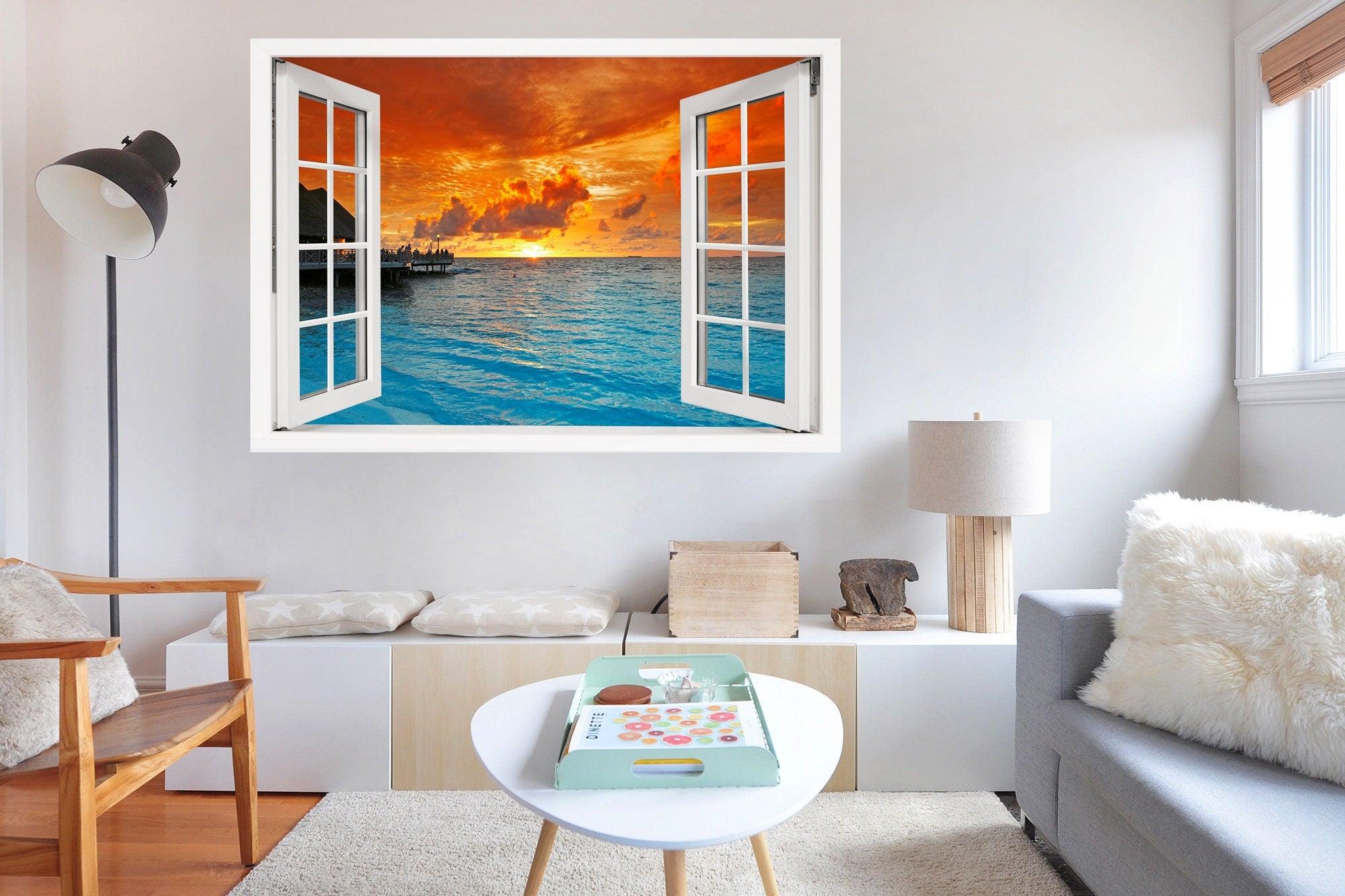Window Scape Sunset over Pier #24, Window Decal, Sticker Sunset, Removable, Fabric, Window Frame, Office,Bedroom, 3D