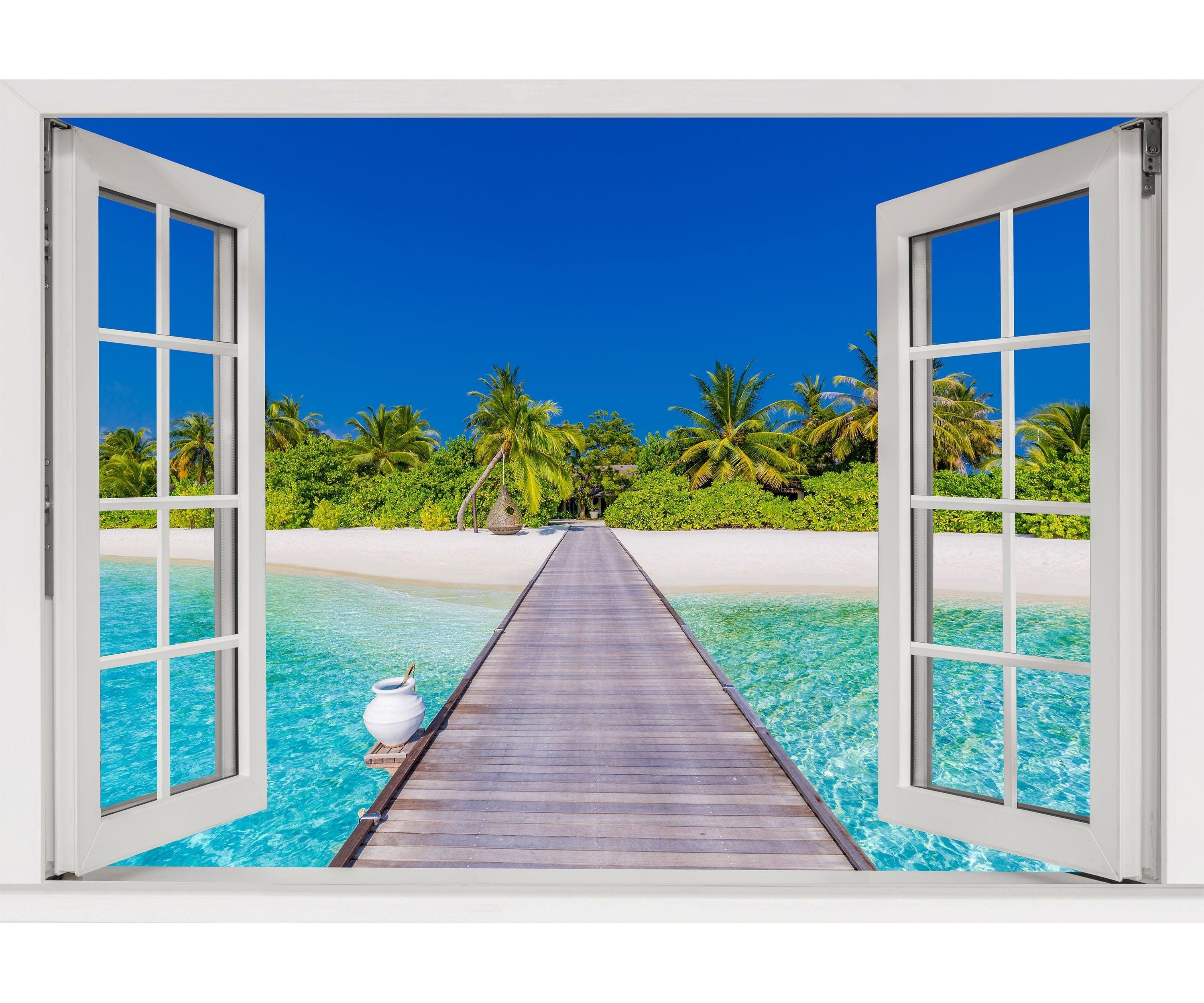Window Scape Tropical #1 Window Decal Sticker Mural Beach Removable Fabric Window Frame Office Bedroom 3D