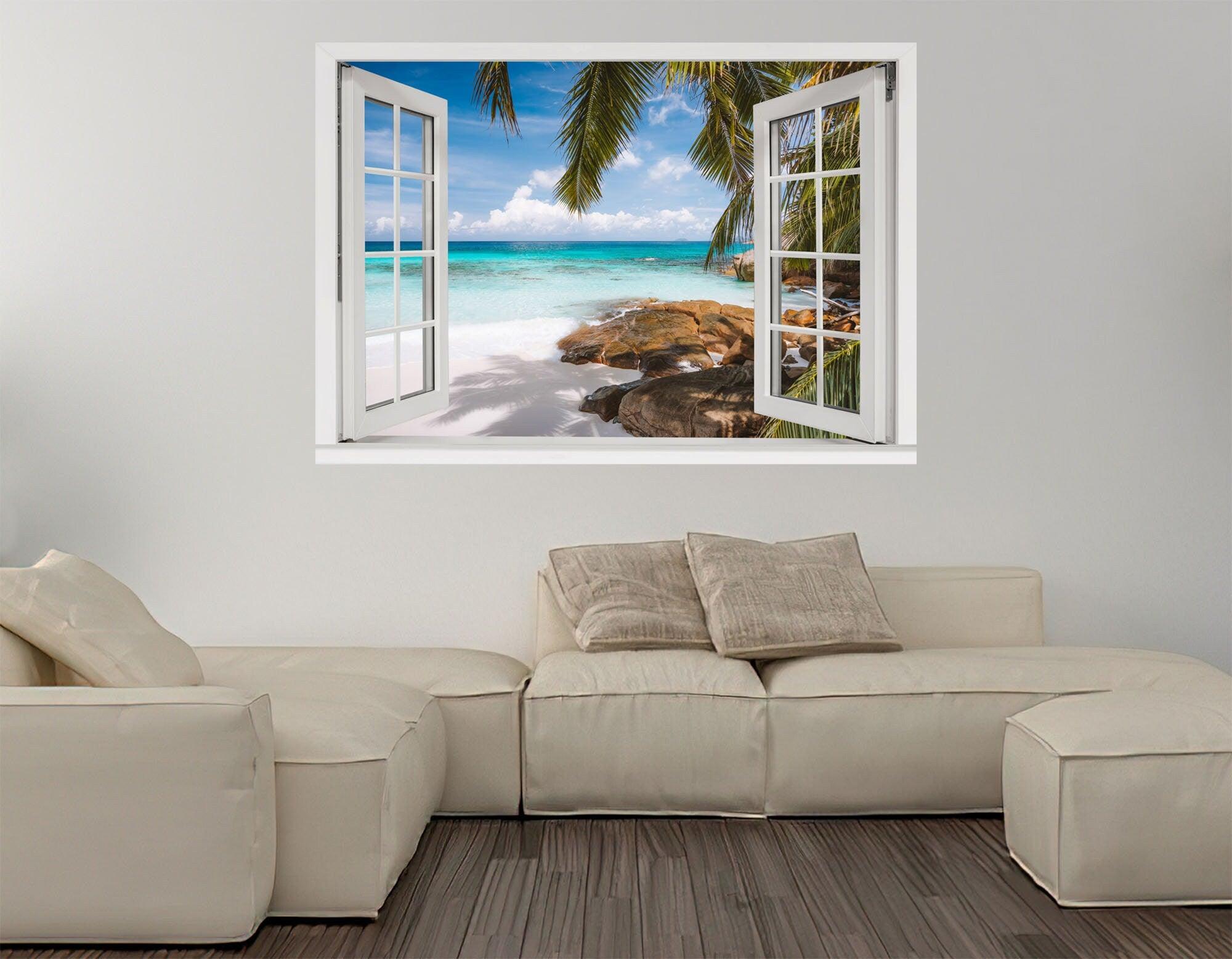 Window Scape Tropical #7 Window Decal Sticker Mural Beach Removable Fabric Window Frame Office Bedroom 3D