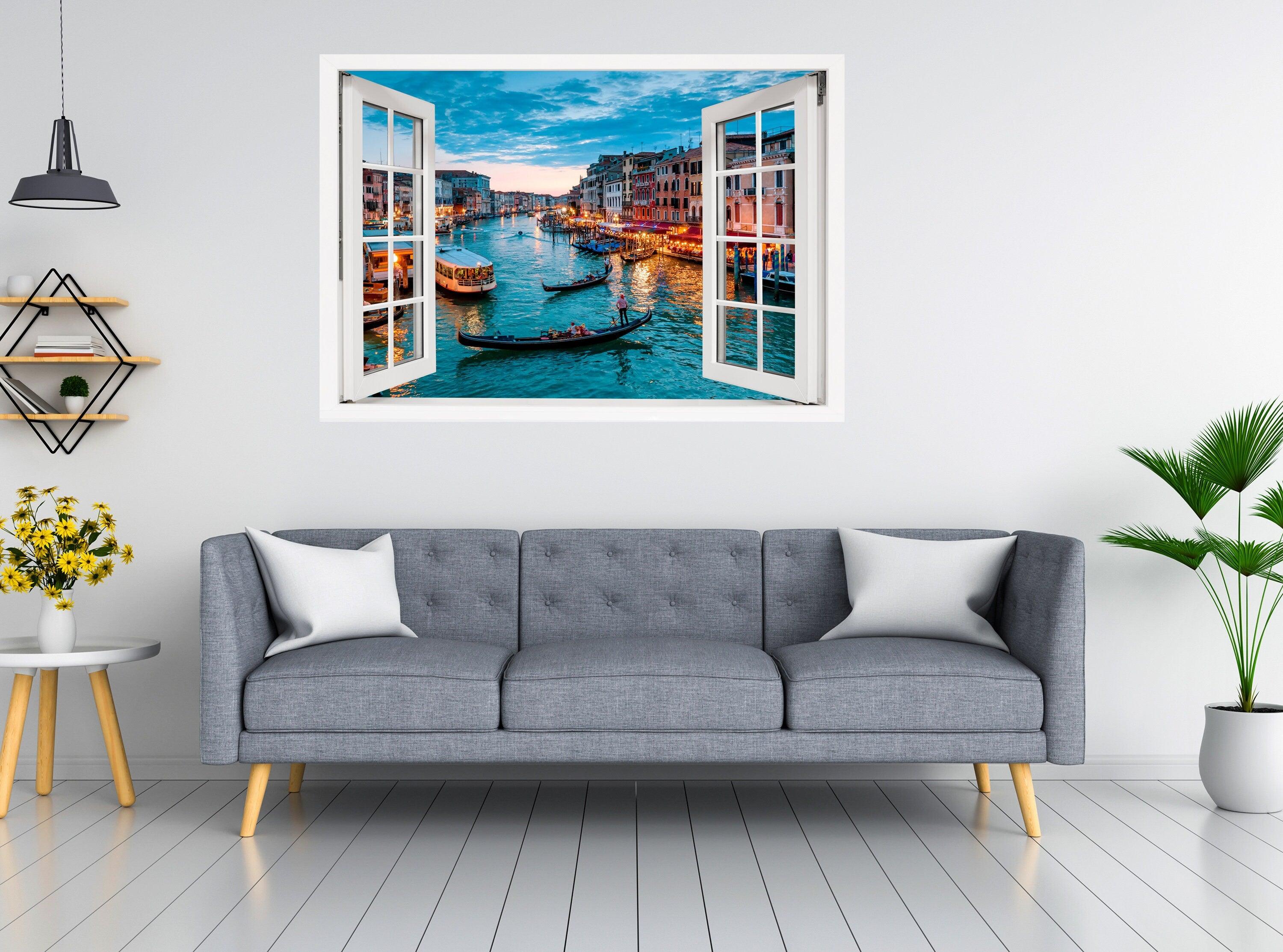 Window Scape Venice and Gondolas #18, Window Decal, Sticker Sunset, Removable, Fabric, Window Frame, Office,Bedroom, 3D