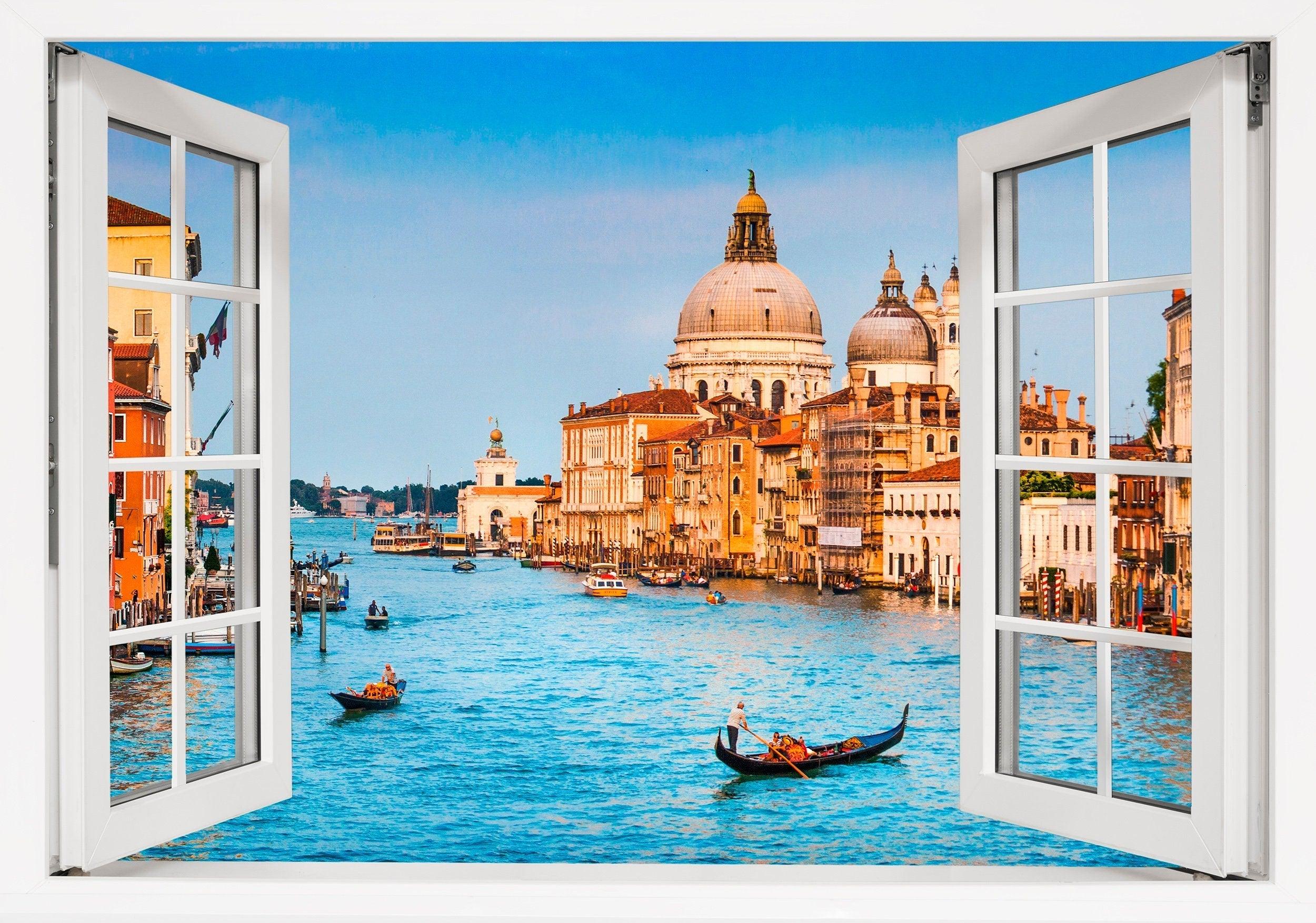 Window Scape Venice Gondola #14 Window Decal Sticker Sunset Lake Removable Fabric Window Frame Office Bedroom 3D