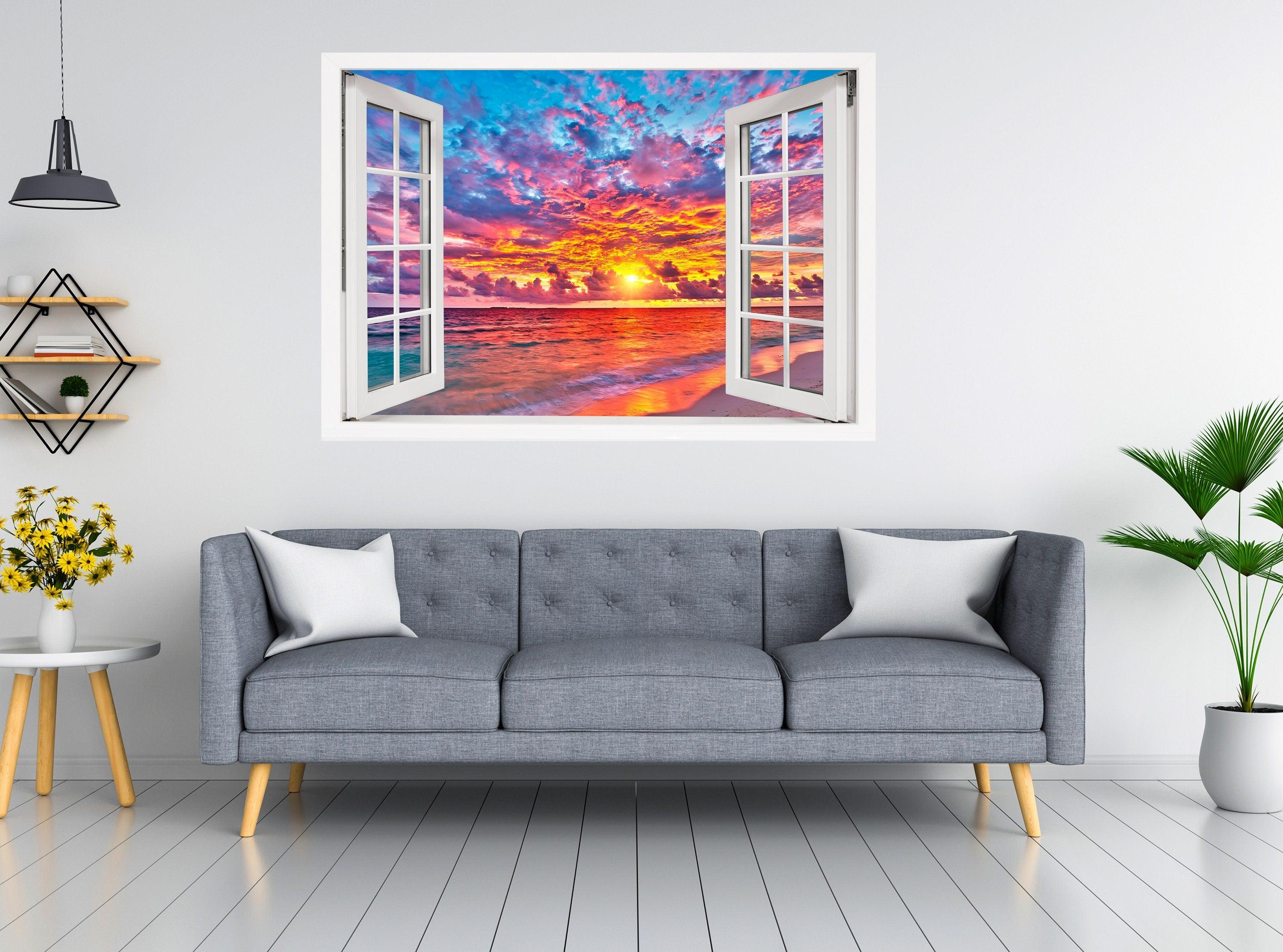 Window Scape Vibrant Beach Sunset #15b Window Decal Sticker Sunset Lake Removable Fabric Window Frame Office Bedroom 3D