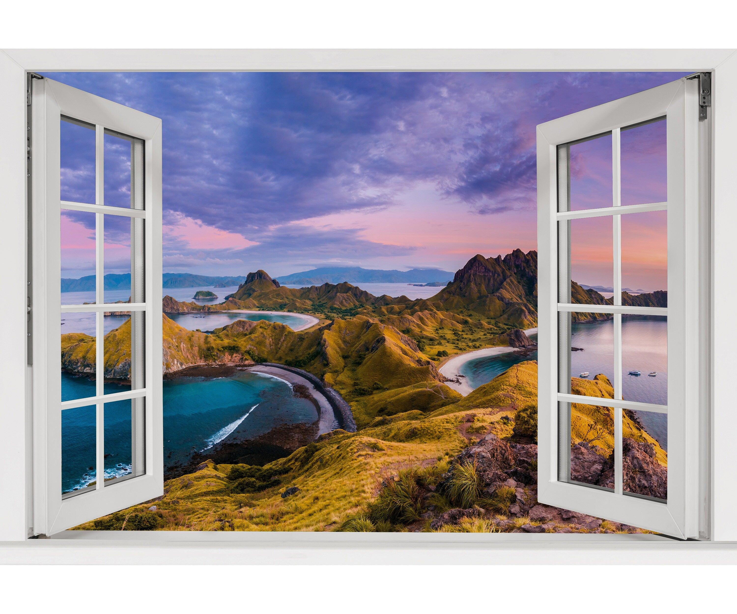 Window Scape Vista #9 Window Decal Sticker Mural Mountain Removable Fabric Window Frame Office Bedroom 3D