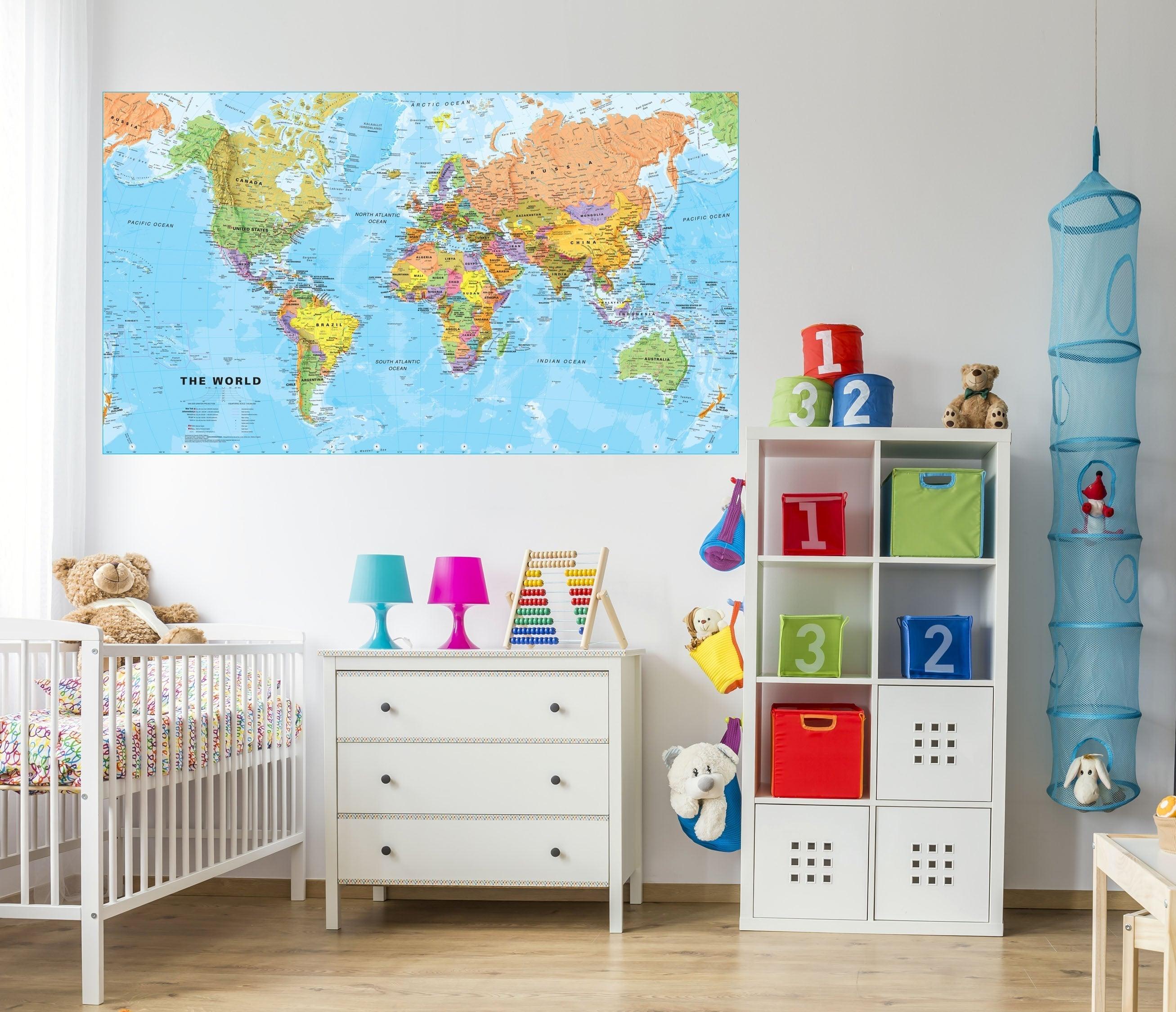 World Map Wall Decal Sticker Wallpaper, PEEL-N-STICK, removable anytime.