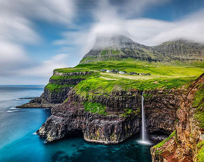 Landscape shoreline with waterfall