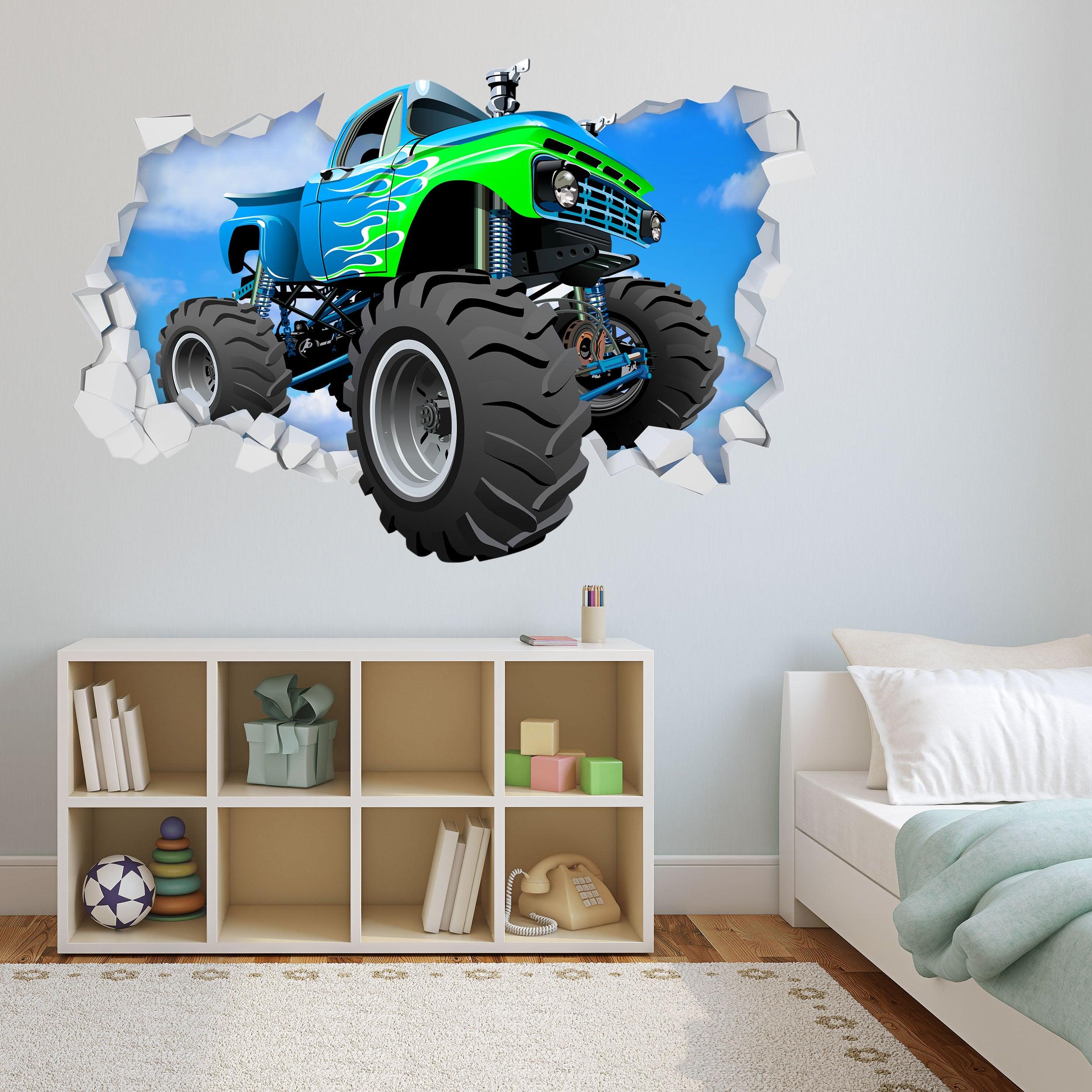 3D Green & Blue Monster Truck Breaking thru Wall, Wall Decal Sticker, Removable 108