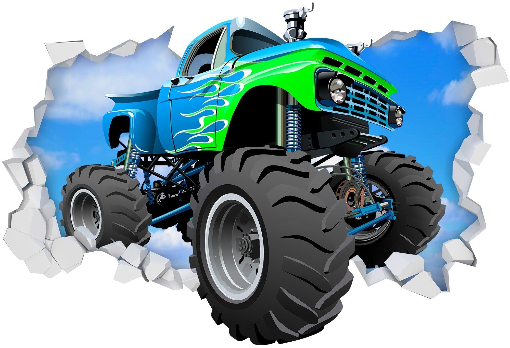 3D Green & Blue Monster Truck Breaking thru Wall, Wall Decal Sticker, Removable 108