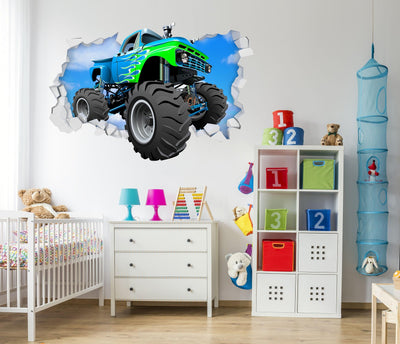 3D Green & Blue Monster Truck Breaking thru Wall, Wall Decal Sticker, Removable 108