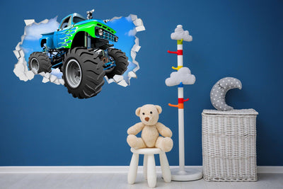 3D Green & Blue Monster Truck Breaking thru Wall, Wall Decal Sticker, Removable 108