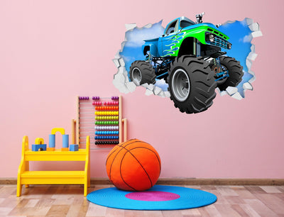 3D Green & Blue Monster Truck Breaking thru Wall, Wall Decal Sticker, Removable 108