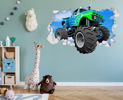 3D Green & Blue Monster Truck Breaking thru Wall, Wall Decal Sticker, Removable 108