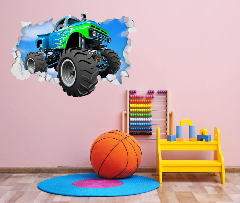 3D Green & Blue Monster Truck Breaking thru Wall, Wall Decal Sticker, Removable 108