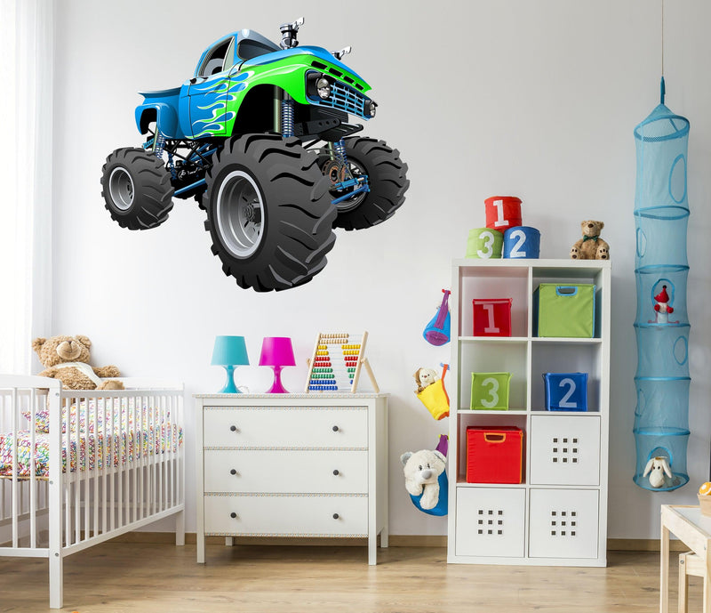 3D Green & Blue Monster Truck on Wall, Wall Decal Sticker, Removable 106