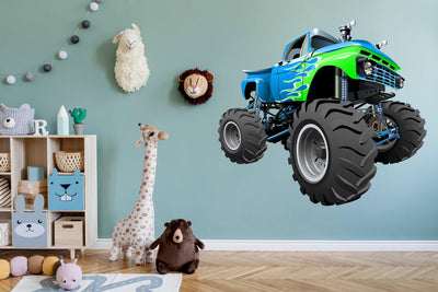 3D Green & Blue Monster Truck on Wall, Wall Decal Sticker, Removable 106