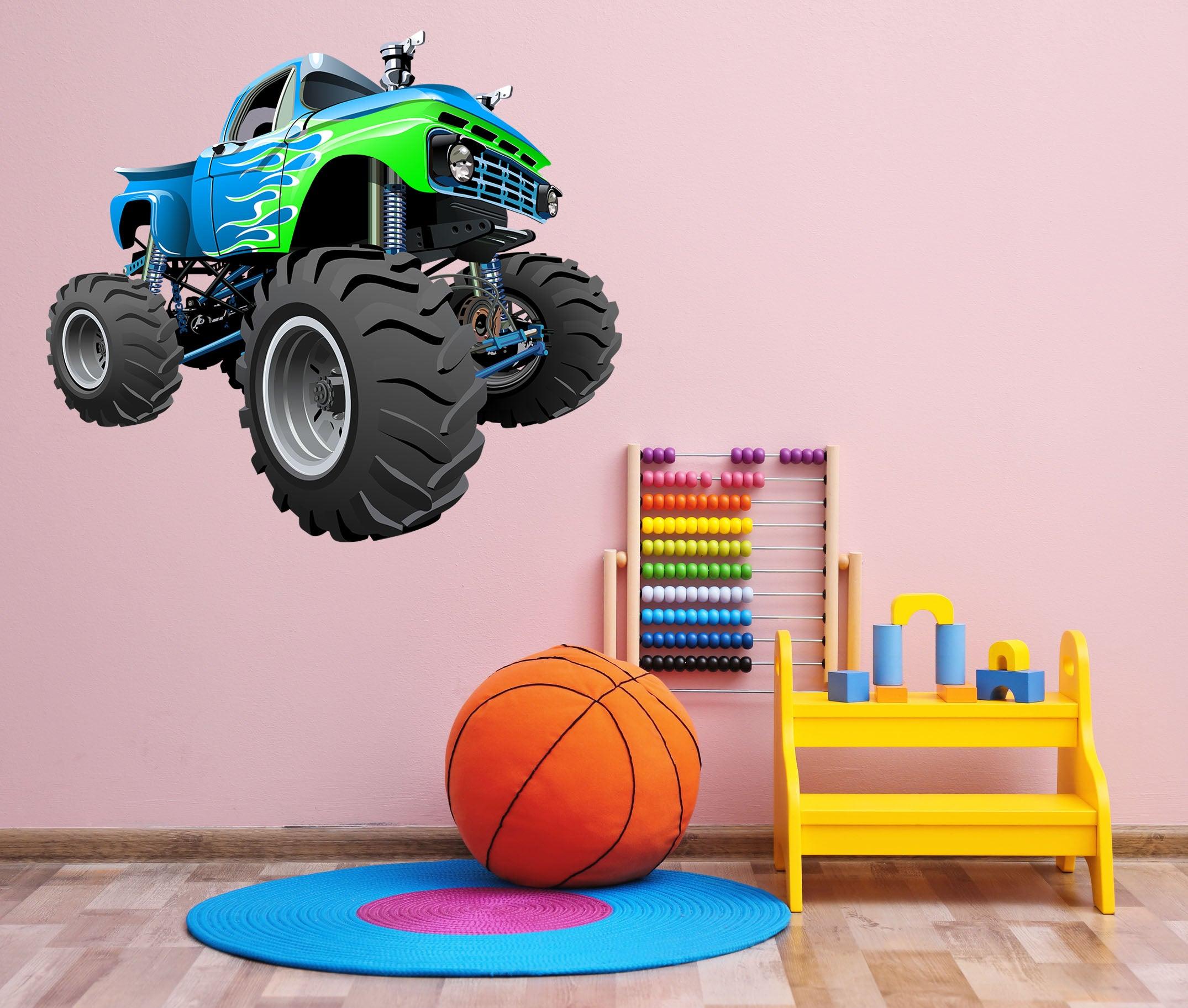 3D Green & Blue Monster Truck on Wall, Wall Decal Sticker, Removable 106