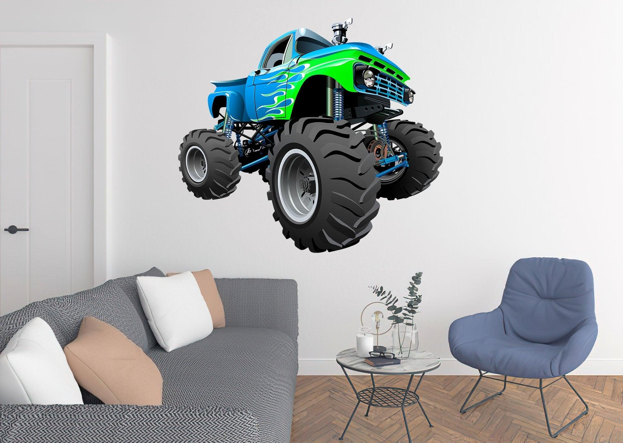 3D Green & Blue Monster Truck on Wall, Wall Decal Sticker, Removable 106