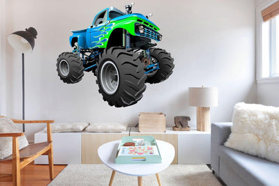 3D Green & Blue Monster Truck on Wall, Wall Decal Sticker, Removable 106