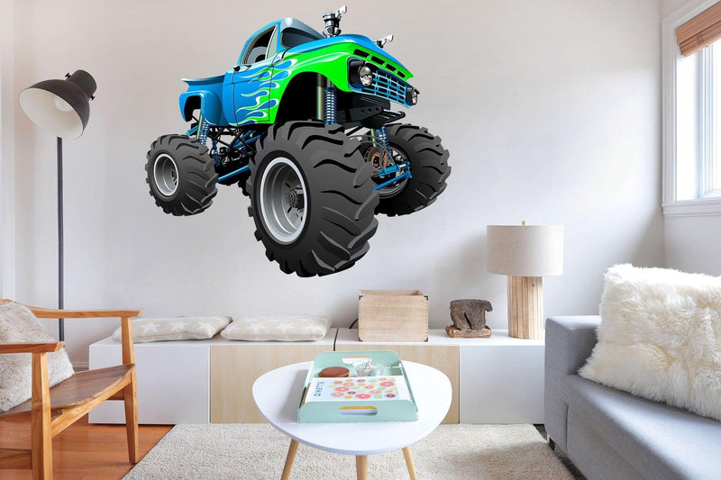 3D Green & Blue Monster Truck on Wall, Wall Decal Sticker, Removable 106