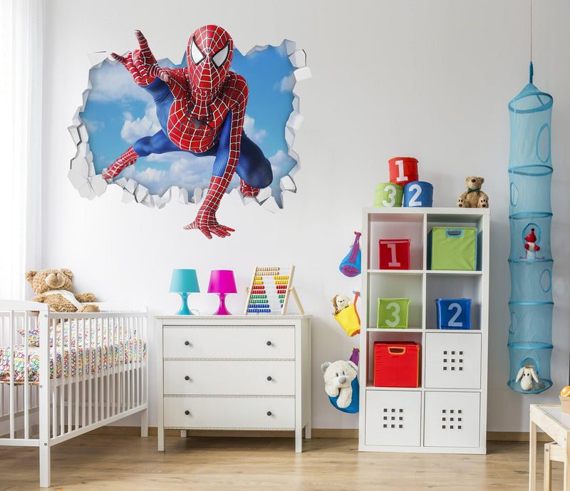 3D Spiderman breaking through Wall, Wall Decal Sticker, Removable 109