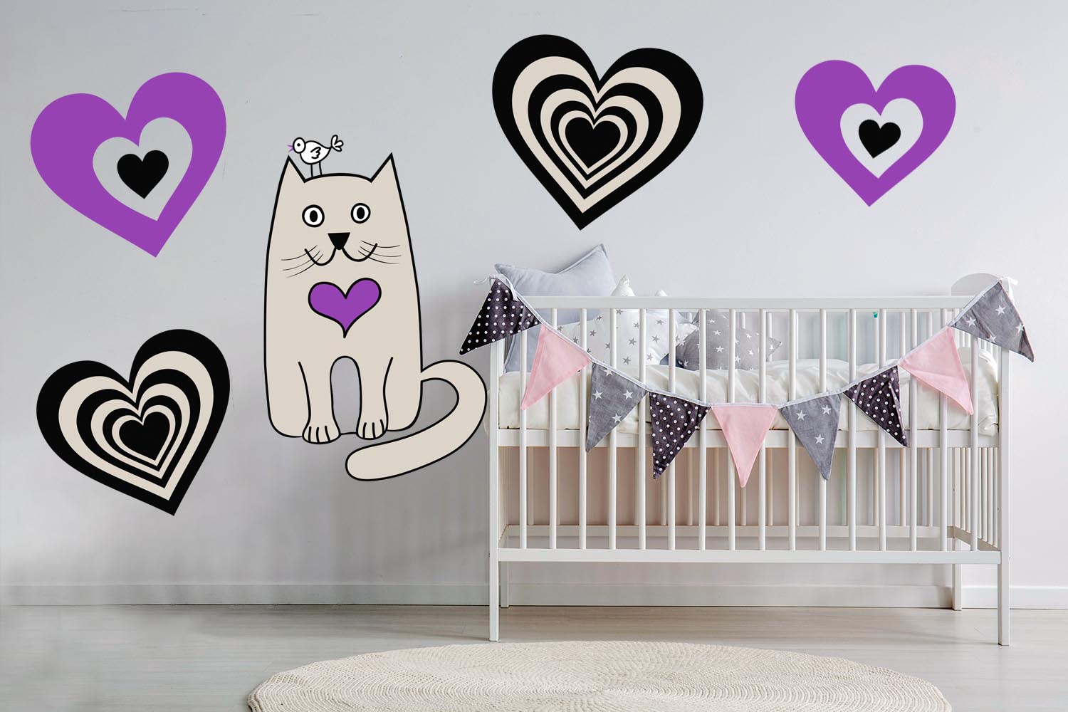Adorable Purple Kitty with hearts Wall, Wall Decal Sticker, Removable, 5 Separate decals