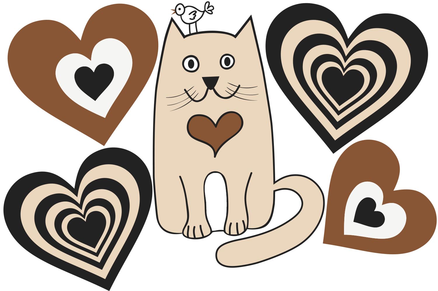 Adorable Beige Kitty with hearts Wall, Wall Decal Sticker, Removable, 5 Separate decals