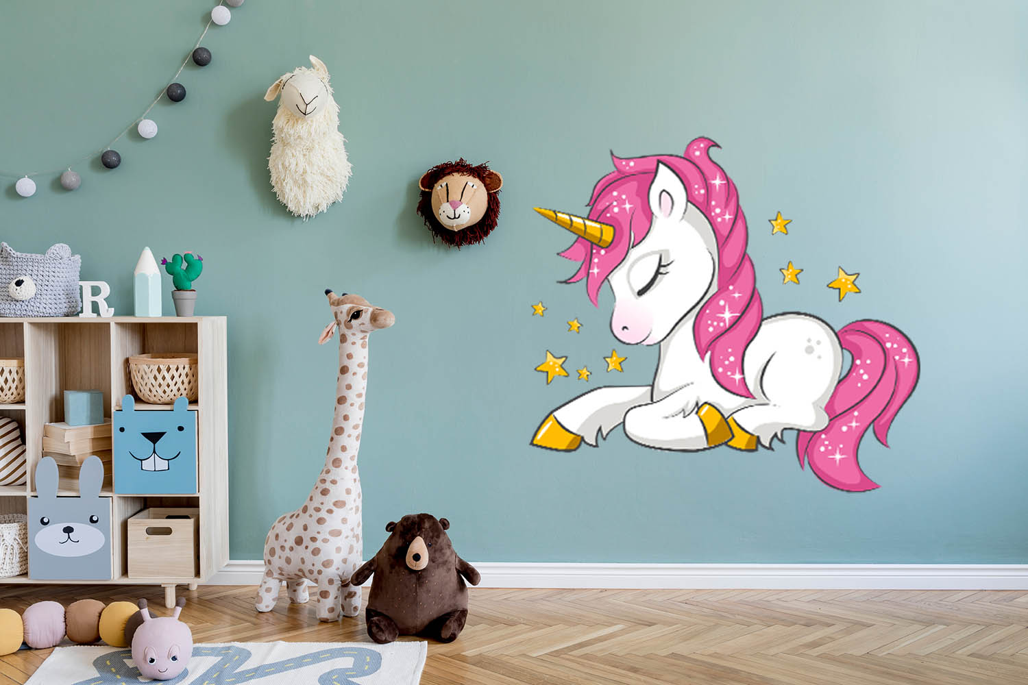 Sleeping Pink Maned UniCorn with 8 separate stars, Wall Decal Sticker, Removable with NO wall Damage!