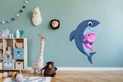 Cartoon Shark with Baby wall decal for Kid's room, Peel-N-Stick Removable and adorable